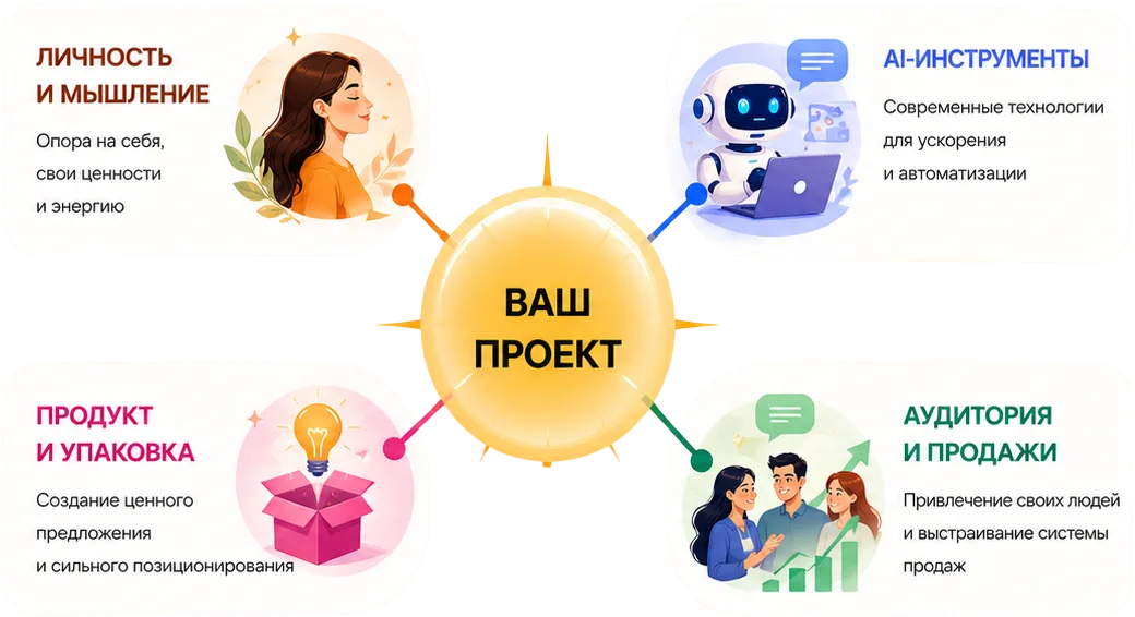 Четыре опоры проекта: личность и мышление, AI-инструменты, продукт и упаковка, аудитория и продажи